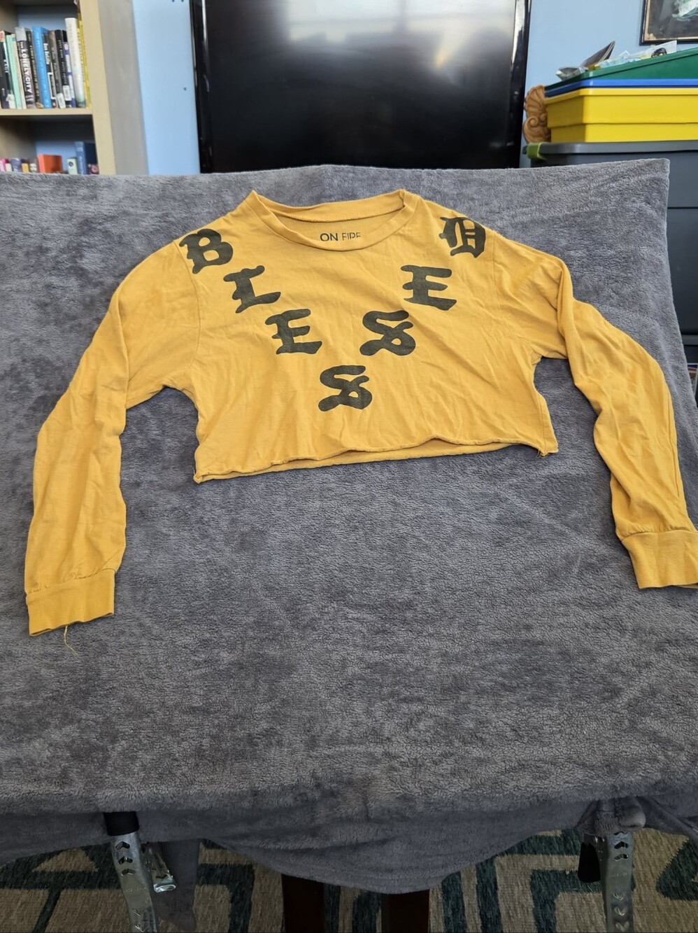 On Fire Cropped Mustard Yellow Long-Sleeve Tshirt with Black Graphic "Blessed"